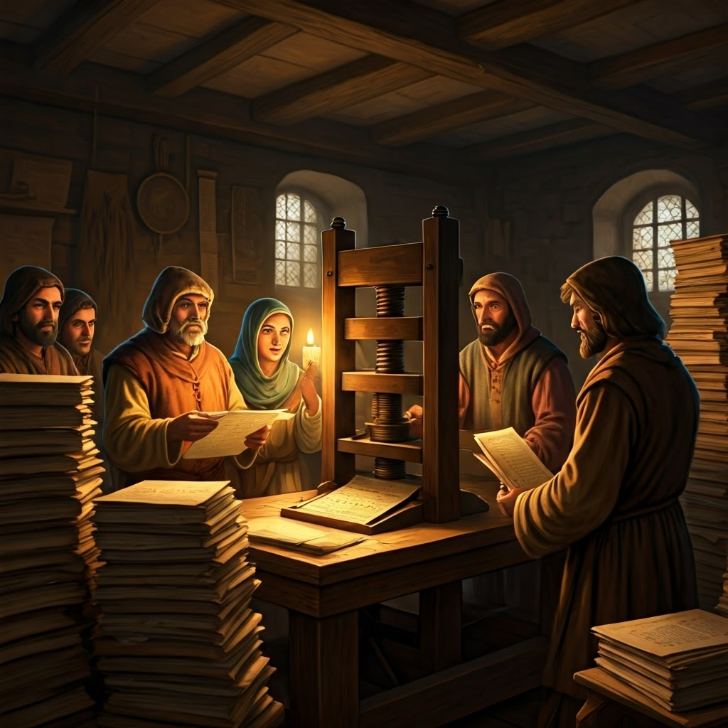 Medieval villagers surround a wooden printing press, studying freshly printed Bible pages by candlelight, symbolizing how technology spread new religious ideas.