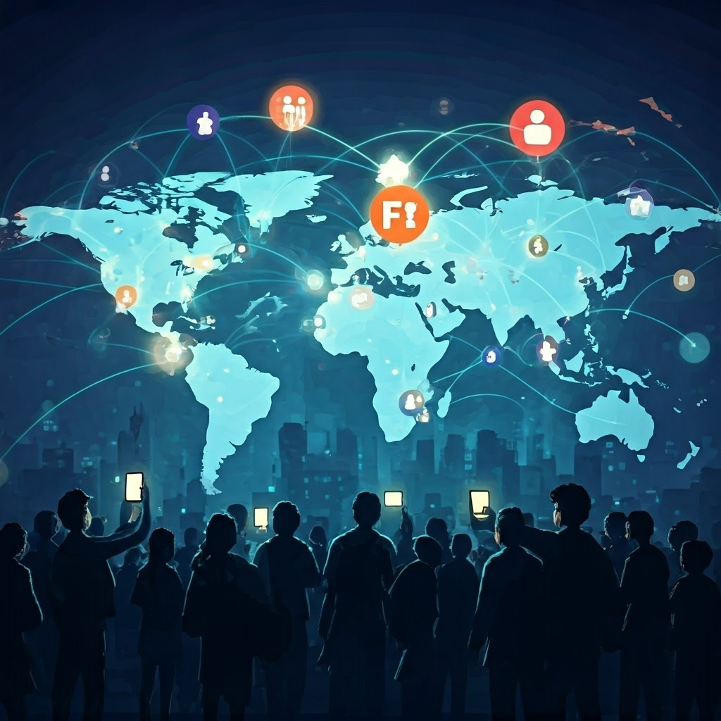 A vibrant digital crossroads with thousands of glowing nodes and lines representing social media connections stretching across a global map backdrop. In the foreground, diverse activists tweet and share videos on mobile devices, their faces illuminated by screen light. The sky behind is lit by floating social media icons like birds and 'F's glowing softly. The atmosphere feels electric, like a vibrant street festival at dusk. Digital storyboard style with bold colors, semi-realistic brush strokes, and energetic composition.