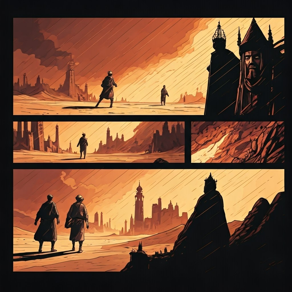 Travelers confronting language ribbons, stern rulers, and desert storms, depicting obstacles faced by faith carriers