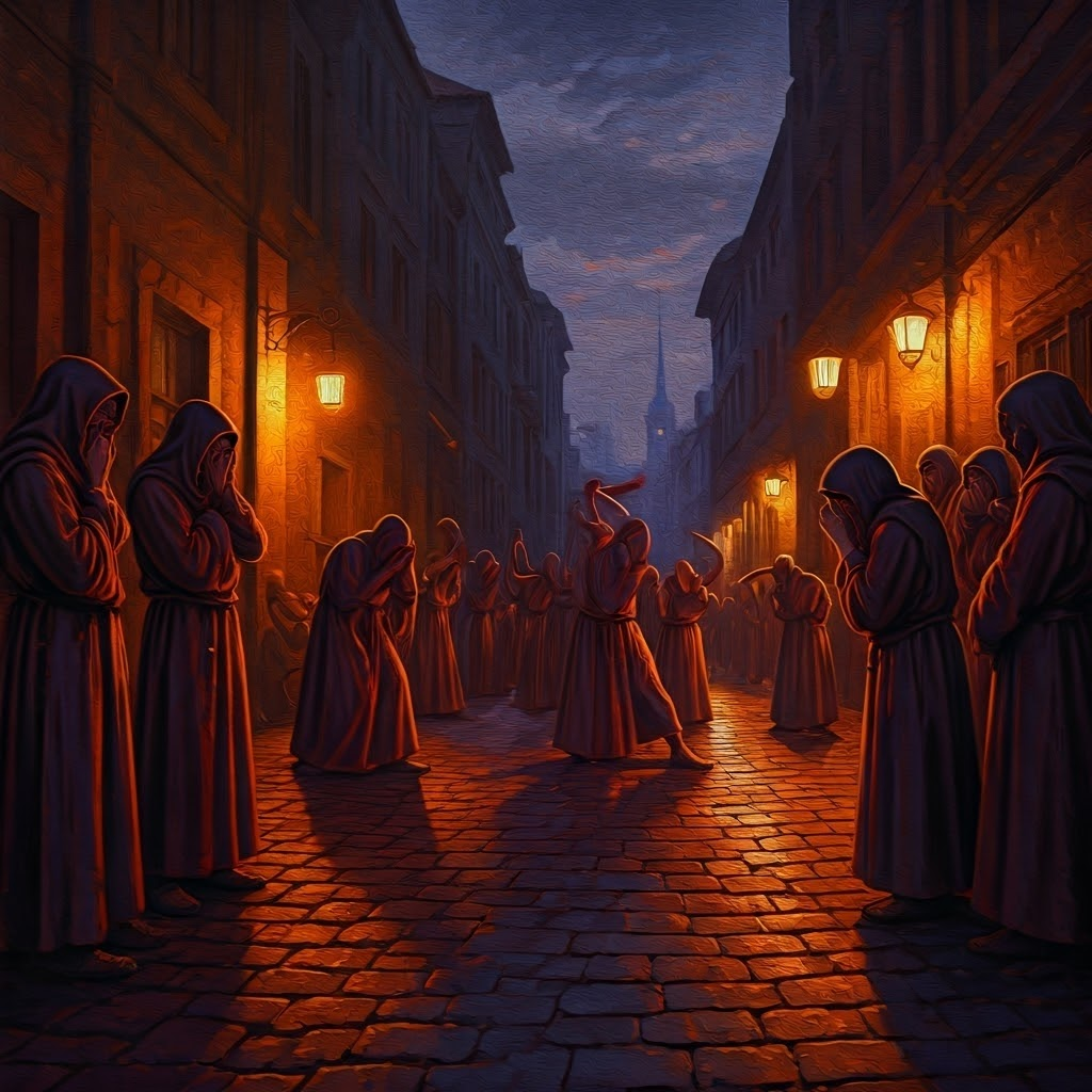 Hooded flagellants march and whip themselves in a medieval street at dusk