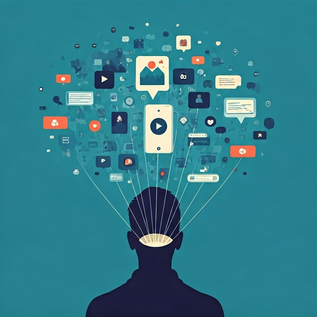 Floating fragments of texts, photos, and icons forming a digital map around a silhouetted person to illustrate how scattered data creates a complete identity picture.