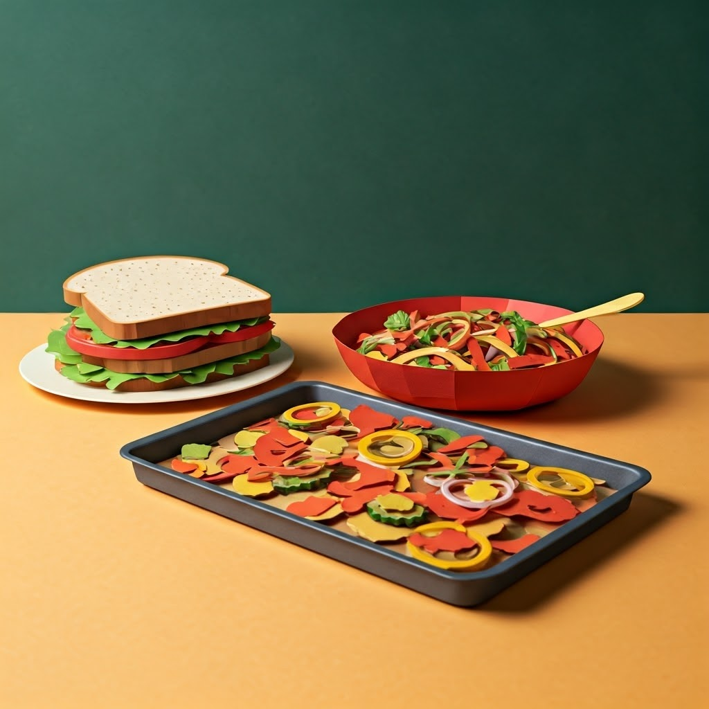 Paper-cut collage of colorful sandwich, stir-fry, and sheet-pan dinner