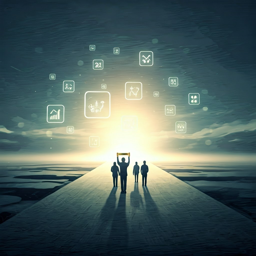 People at a crossroads deciding on proposals, with tool icons hovering, hinting at future possibilities