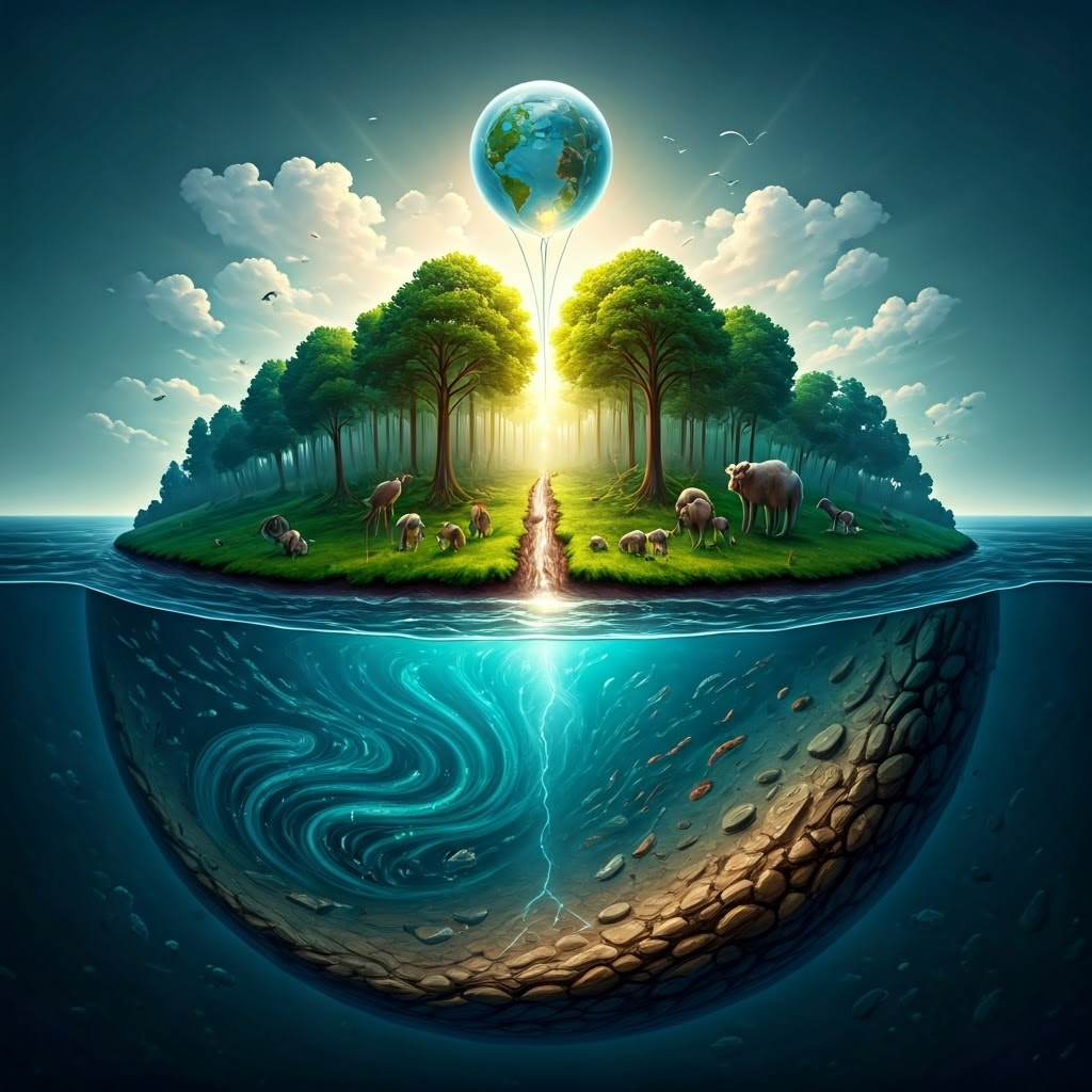 Digital watercolor showing Earth’s atmosphere, forests, oceans, and bedrock—illustrating the planet’s main carbon reservoirs and their interconnection