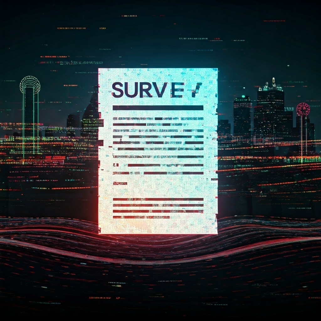 Glitch art of distorted data streams around survey form, emphasizing privacy risks.