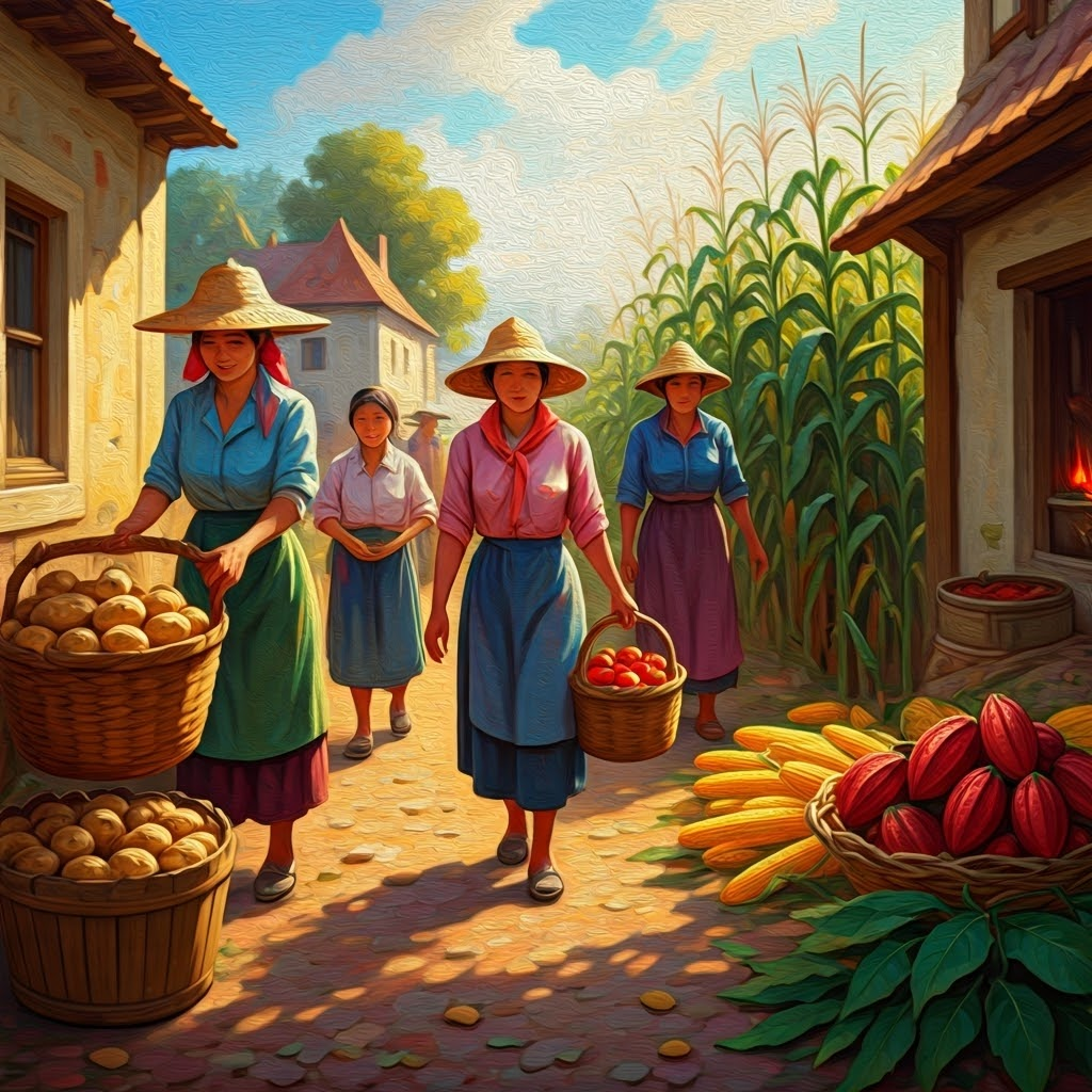 European market bursting with potatoes, maize, and tomatoes alongside Asian and African farmers adopting new crops