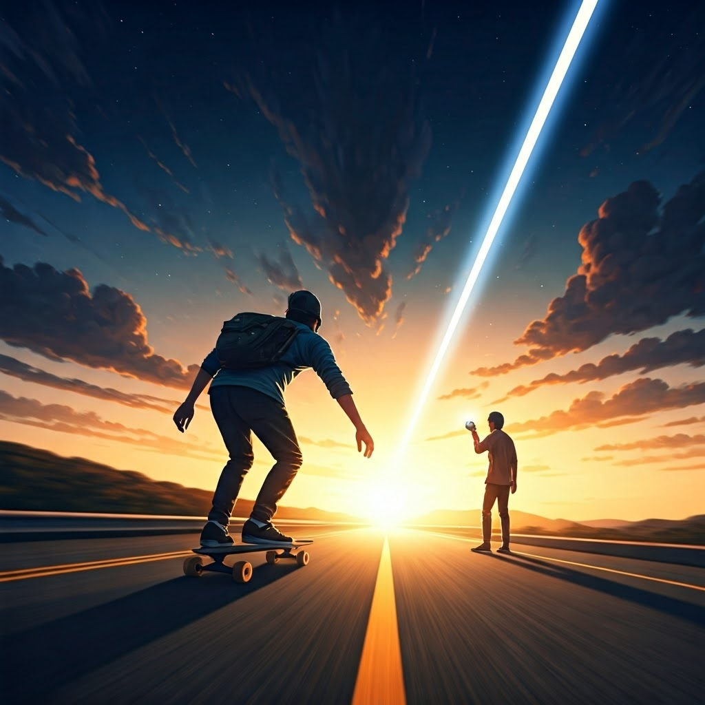 Two friends, one on a skateboard and one standing still, shine flashlights into the evening sky to illustrate the constant speed of light.