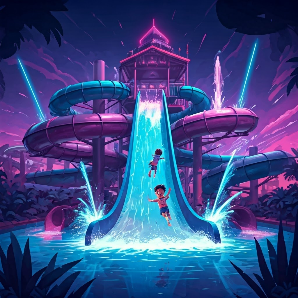 Neon-lit water-park slide showing fast water flow to compare voltage, current, and resistance