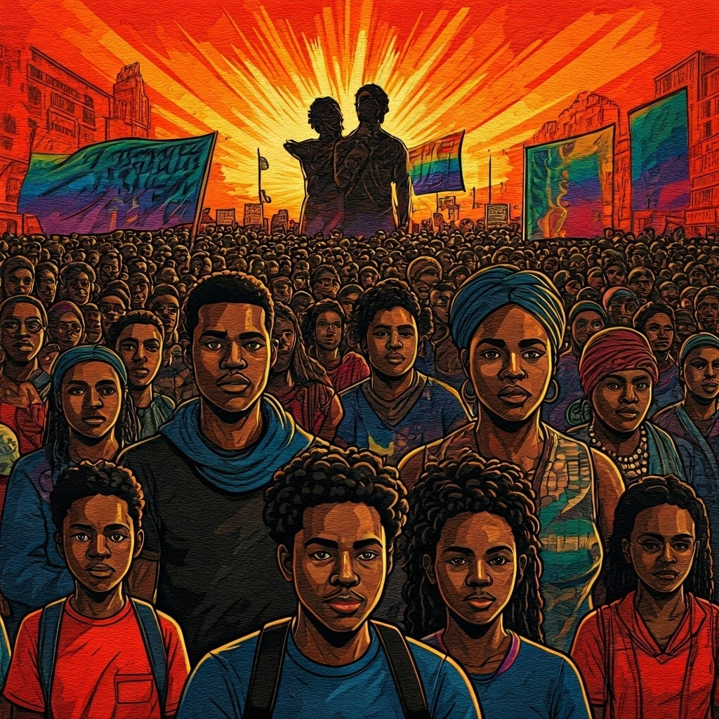 Crowd merging Black Lives Matter and Pride marches, plus silhouettes of South African health activists, united in protest