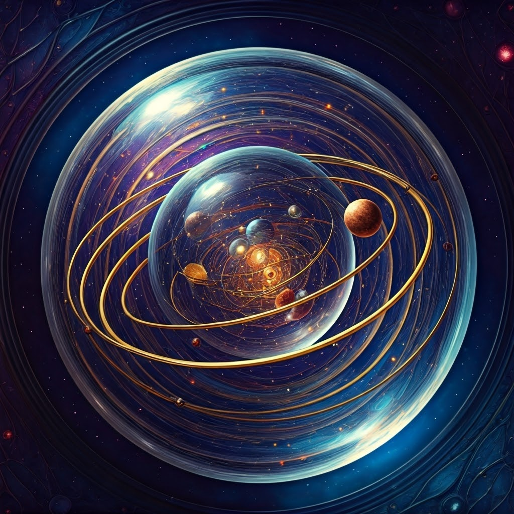 Concentric glasslike spheres hold tiny planets and stars, each on golden rings, illustrating Ptolemy’s nested-sphere model.