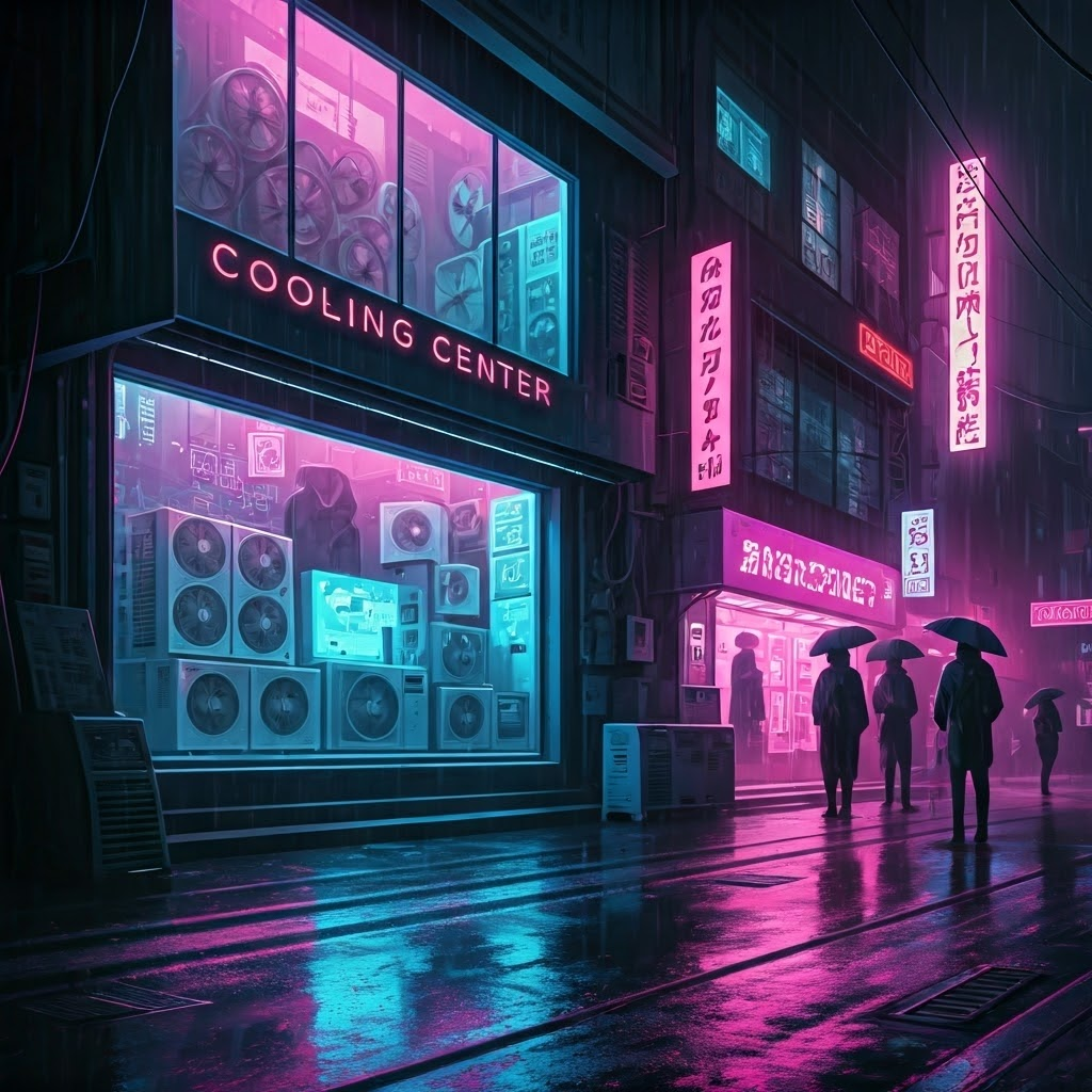 Neon cyberpunk store packed with fans and air conditioners, symbolizing rising demand for cooling in hotter cities