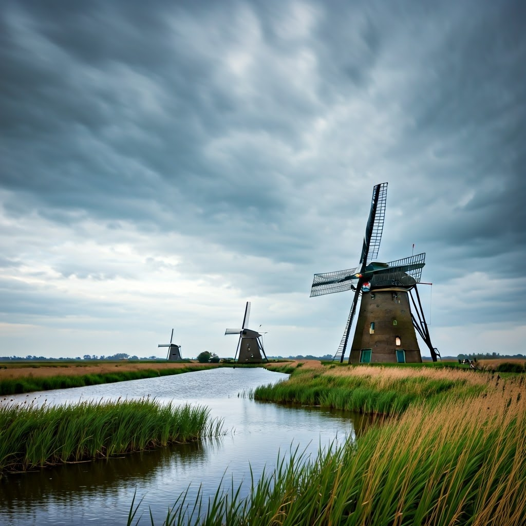 Dutch windmills under a cloudy sky, showing how wind powered pumps and mills