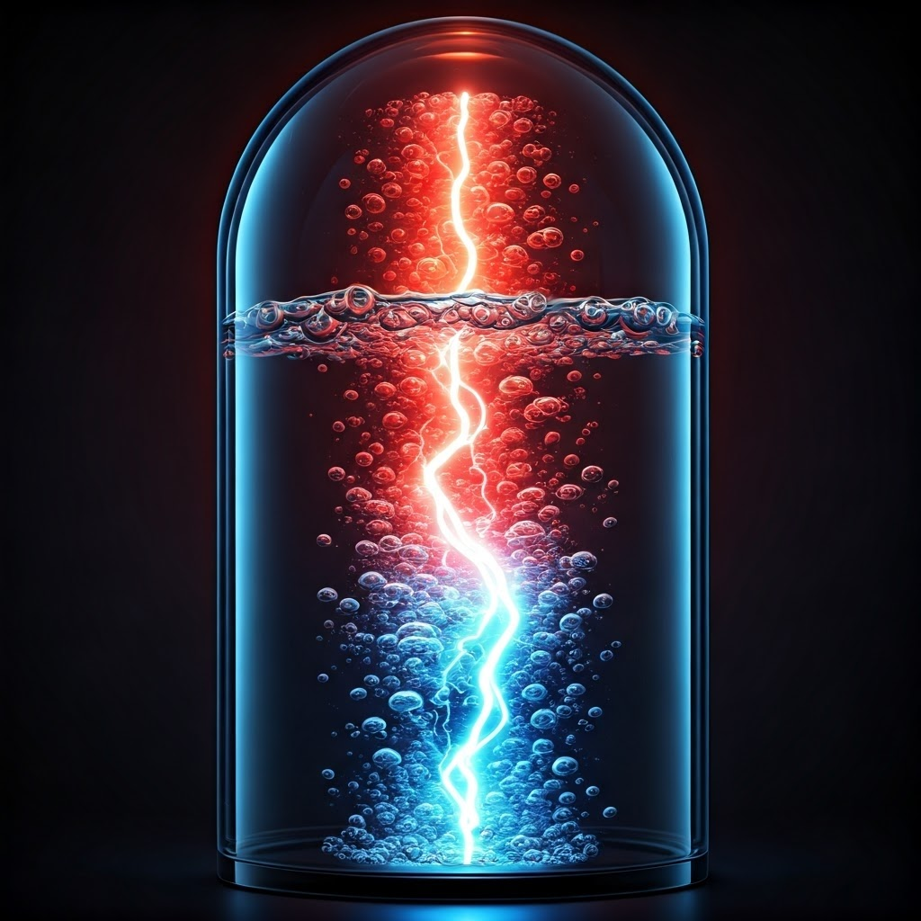 Chamber splitting water into oxygen and hydrogen for breathable air.