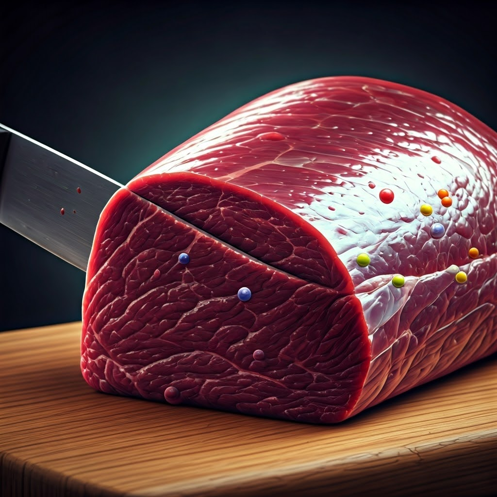 Knife slicing raw beef with colorful myoglobin spheres overlay