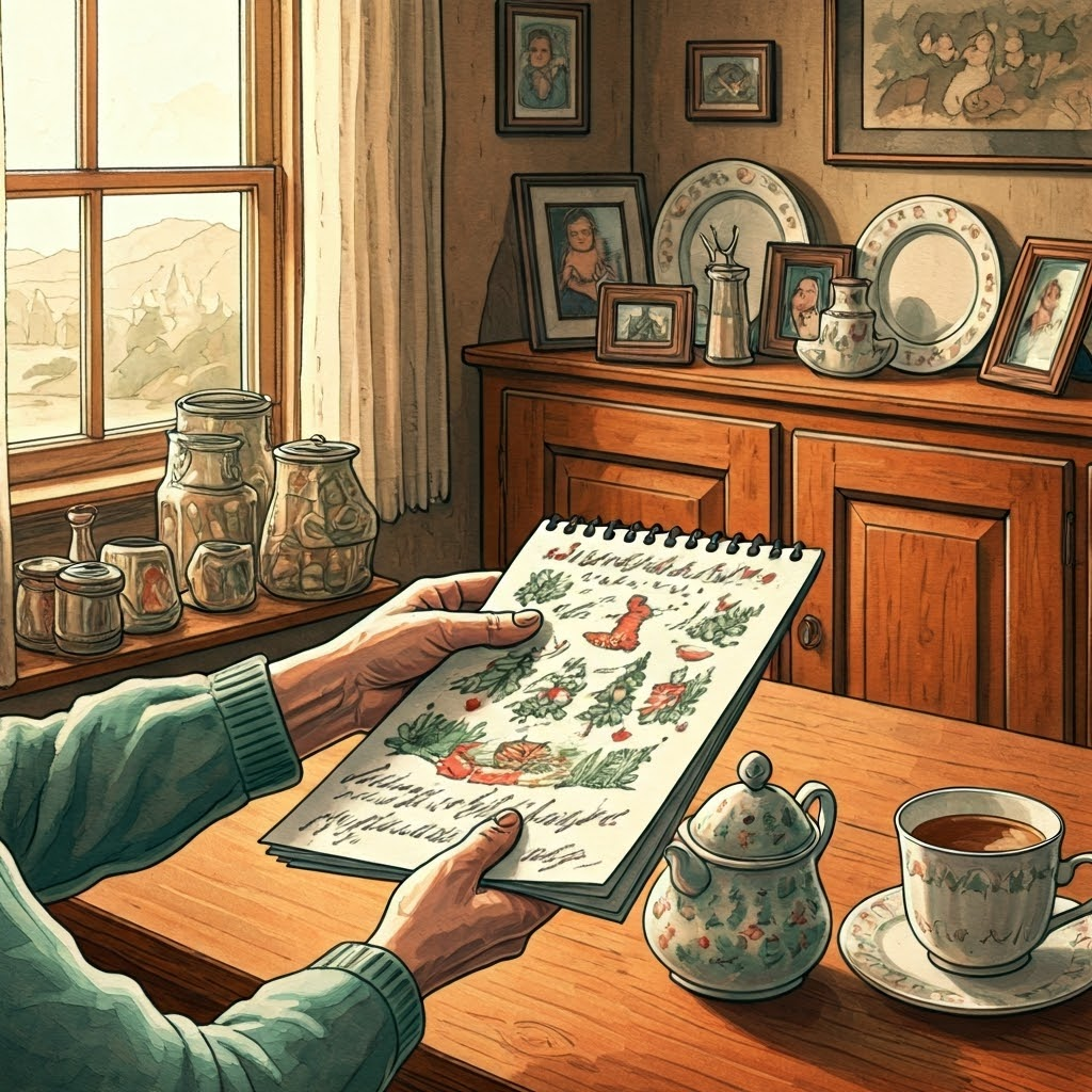 An elder hands a handwritten calendar page to family members in a cozy room filled with heirlooms.