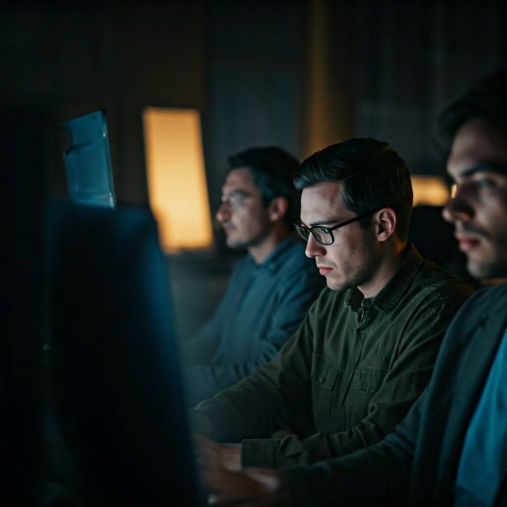A dynamic close-up of activists gathered around glowing computer screens in a packed, dim conference hall. Their expressions are focused and determined, faces lit by monitors displaying winding discussion threads. Warm and cool light contrasts highlight the intensity of grassroots debates. Style: cinematic neo-noir with grainy textures and deep shadows emphasizing the collaborative energy of early forums.
