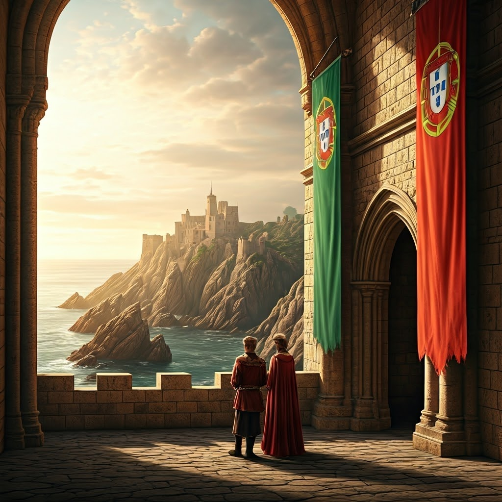Two medieval monarchs face off in a sun-lit palace courtyard, their Portuguese and Spanish banners fluttering over rugged seaside walls, hinting at rising maritime rivalry.