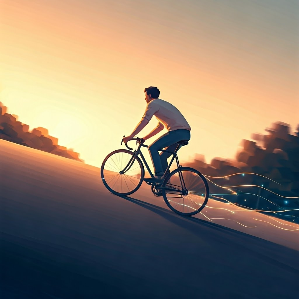 Cyclist coasting downhill to show potential energy turning into kinetic energy.