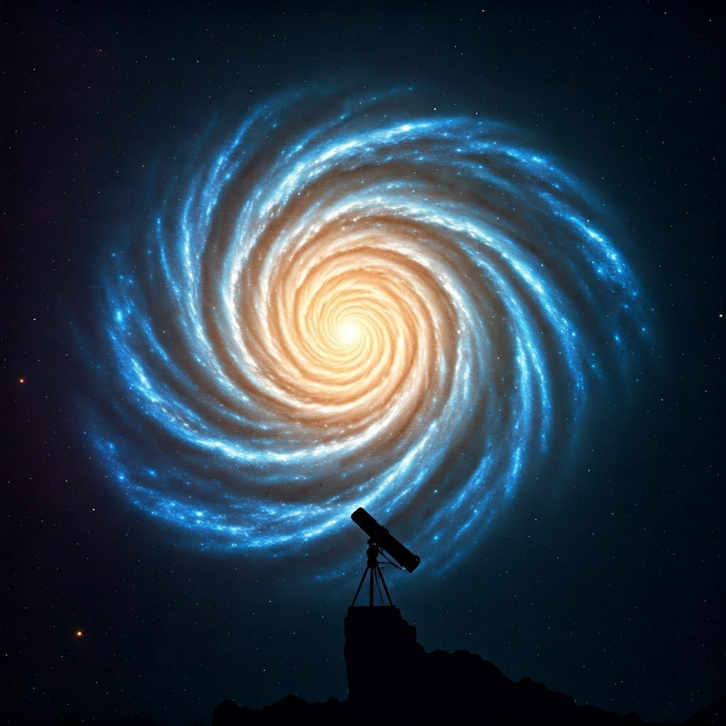Hyperrealistic illustration of a glowing spiral galaxy with blue stars and golden gas seen behind a silhouetted telescope against purple space hues.