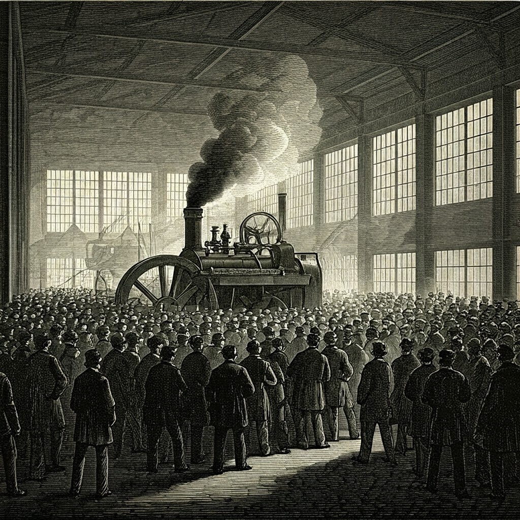 Woodcut scene of a crowded factory hall where spectators watch a large steam engine in action