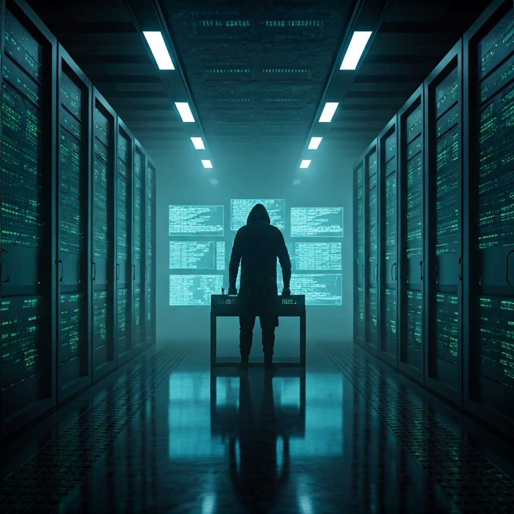 Dim underground room with servers glowing green while a shadowy figure runs automated tools that scroll through huge password lists.