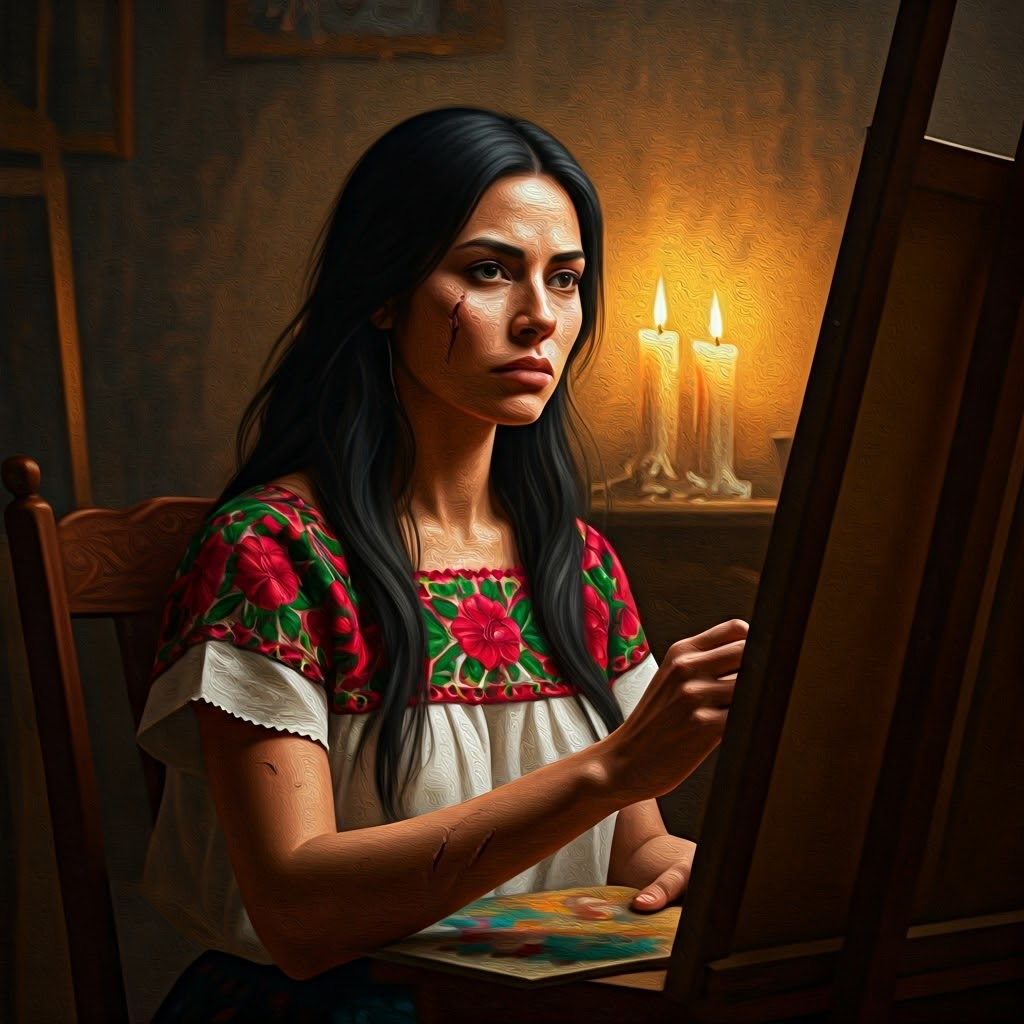 Portrait of a resolute Mexican artist in warm candlelit studio, realistic oil painting highlighting heritage and resilience