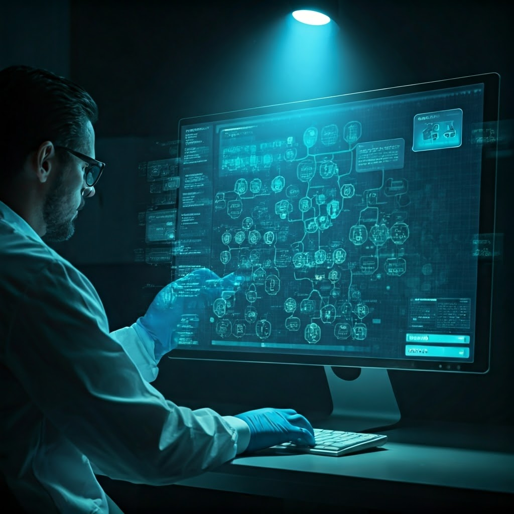 A forensic analyst reviews a monitor of family trees merged with DNA data, hinting at how genealogy sites can aid criminal investigations.
