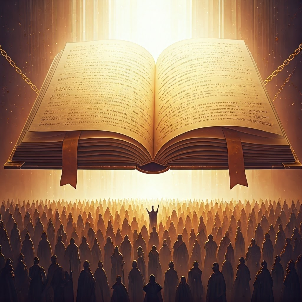 Massive floating ledger linked by shining chains above crowd, symbolizing shared blockchain record