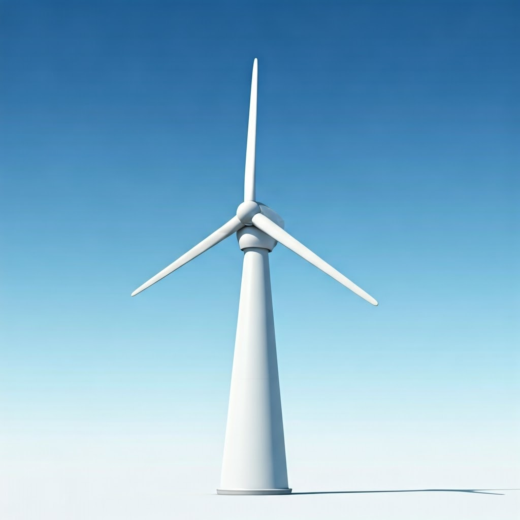 Modern three-blade turbine spinning smoothly against clear sky.