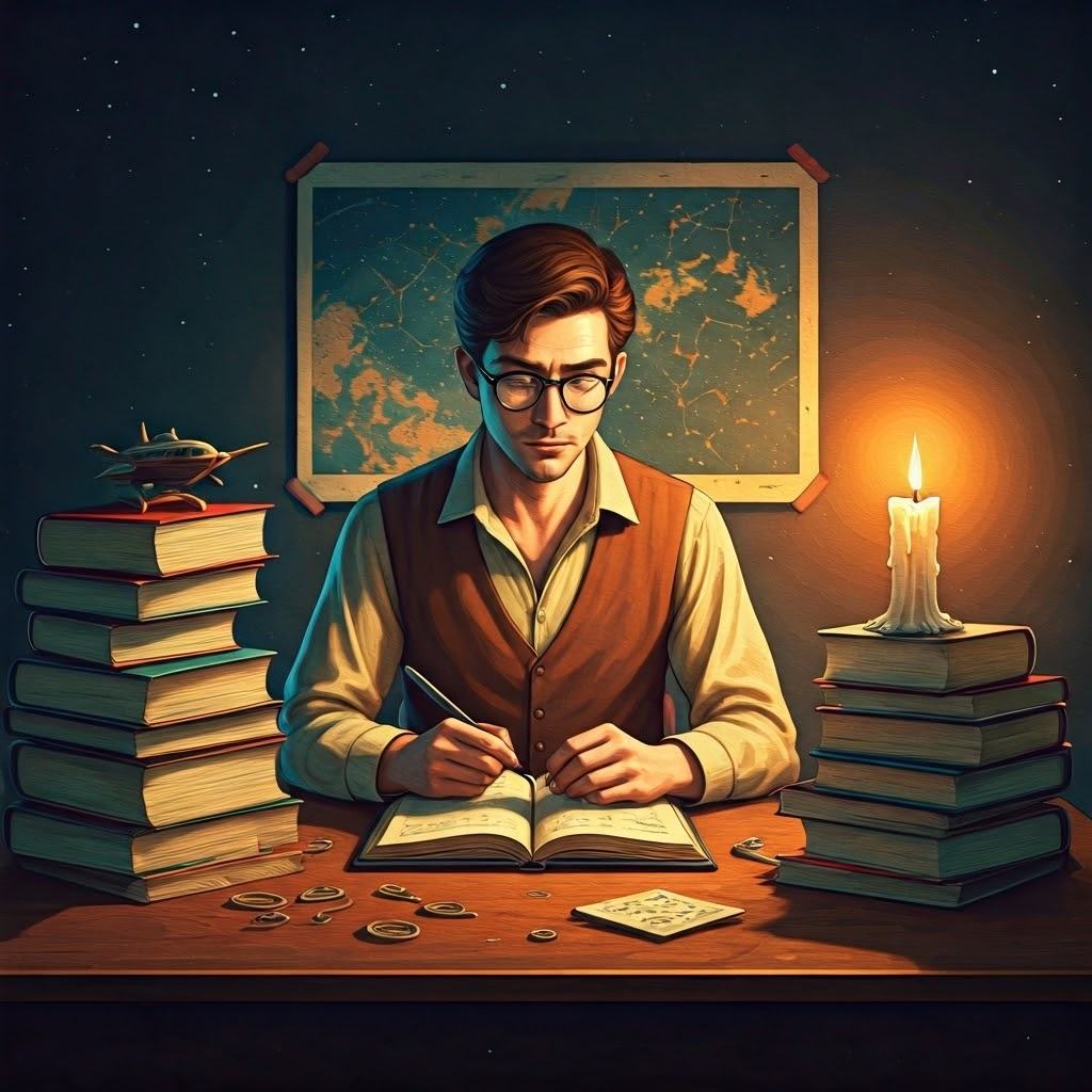 A writer at a wooden desk, surrounded by open science-fiction books and star maps, works by candlelight