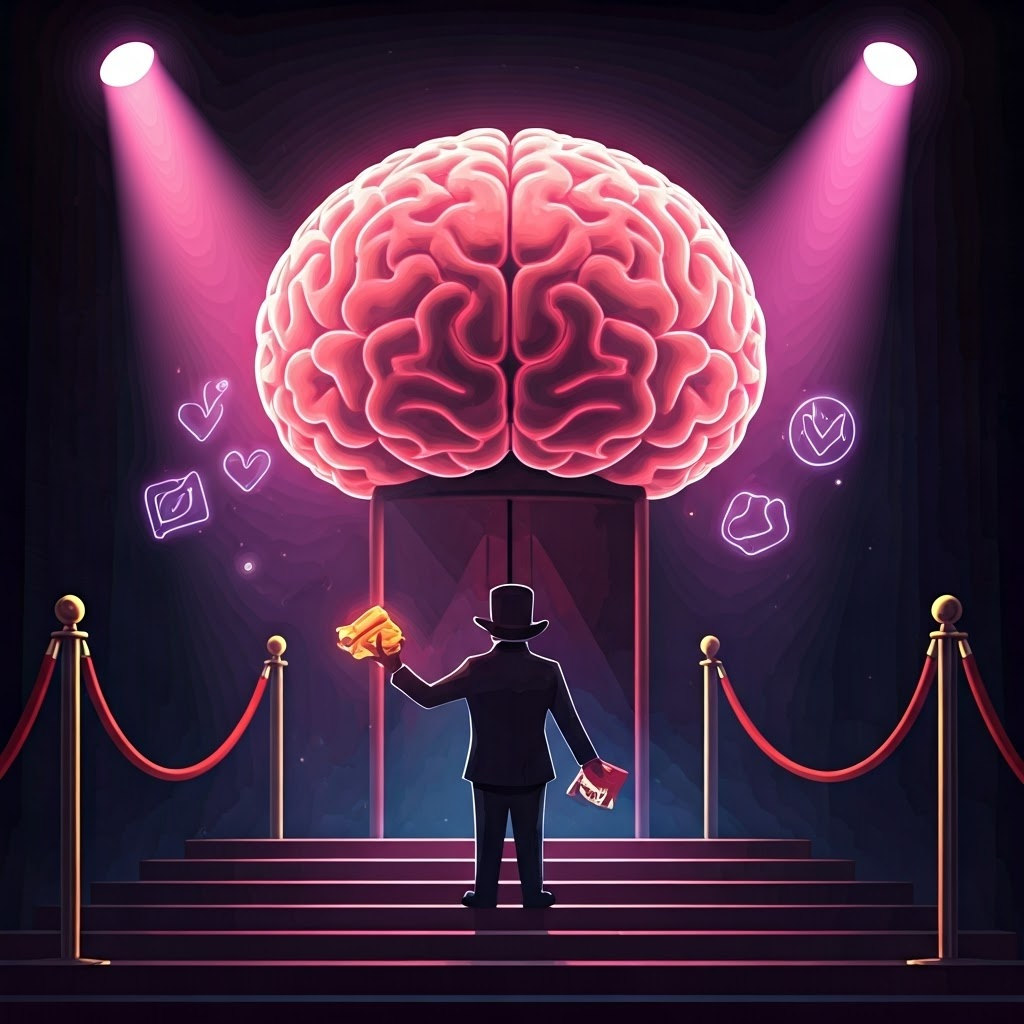 Nightclub-shaped brain entrance where a bouncer lets in glowing emotional symbols while rejecting dull items