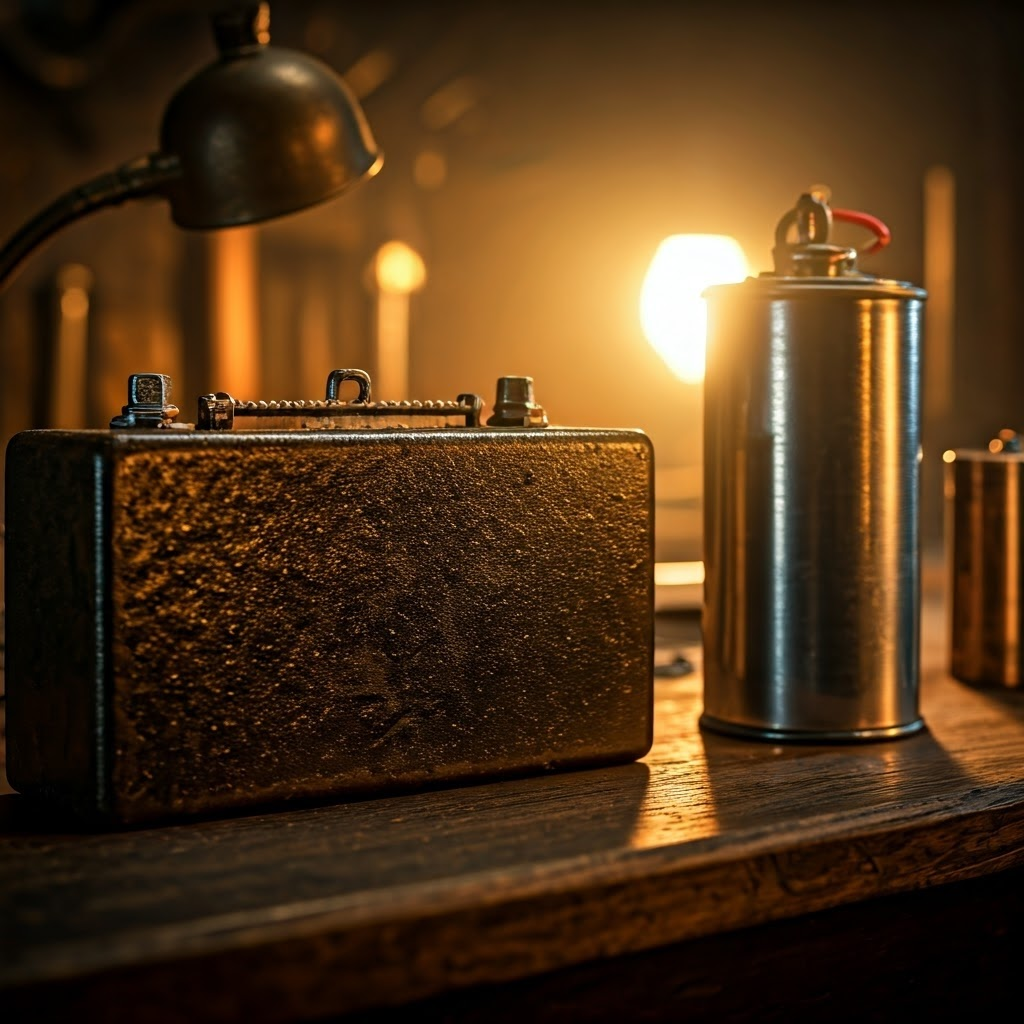 Inventors study heavy lead-acid and early nickel-iron batteries on a cluttered workshop bench