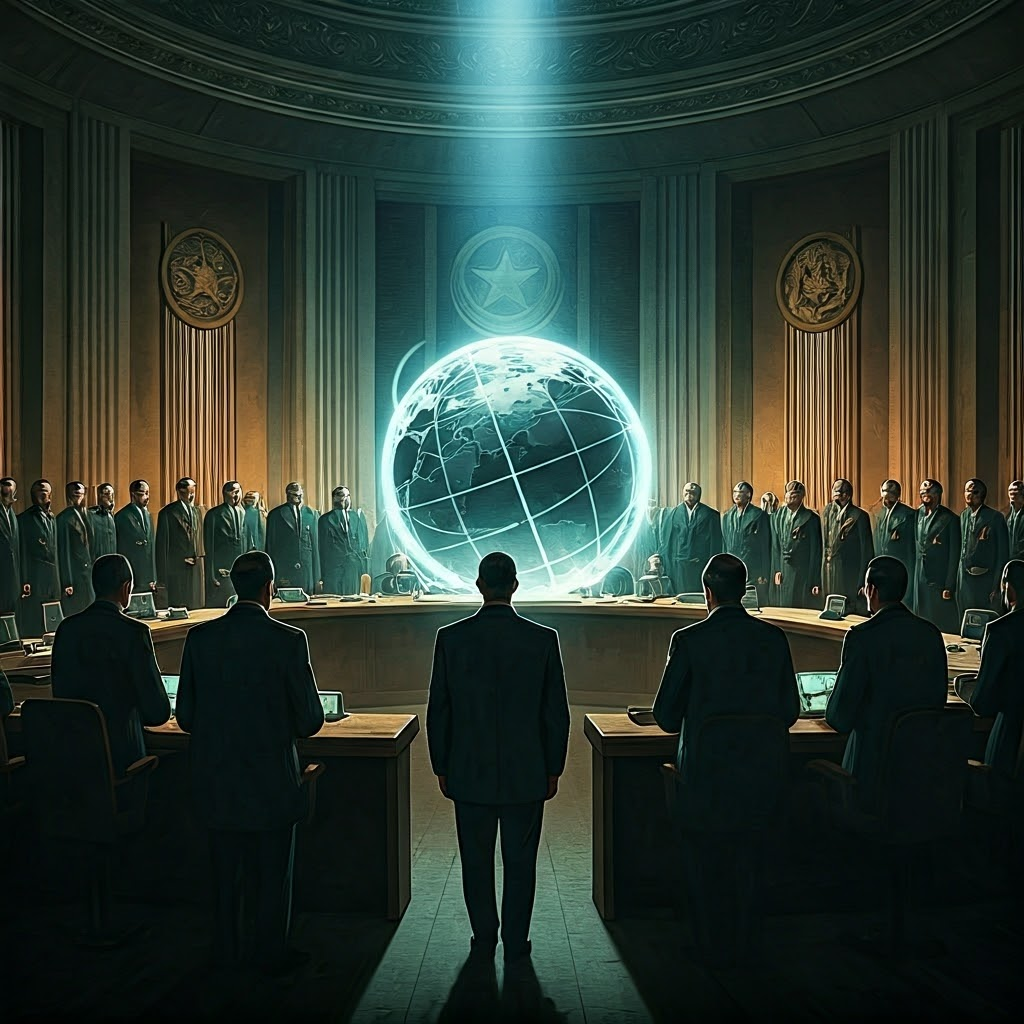 UN delegates in 1946 stand around a glowing atomic globe, tension visible on their faces as shadows hint at distrust