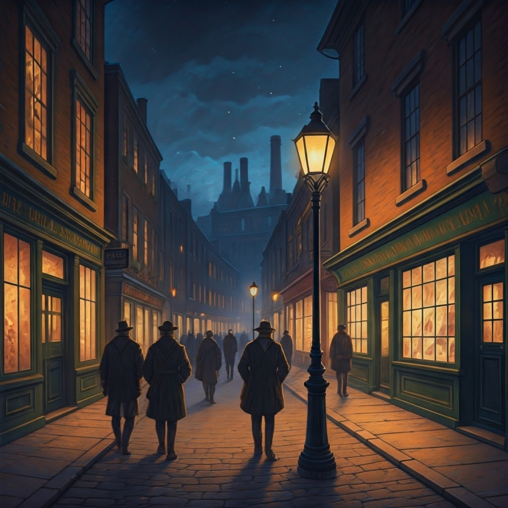 Bustling nighttime street under gas lamps with glowing shop windows and lively crowds