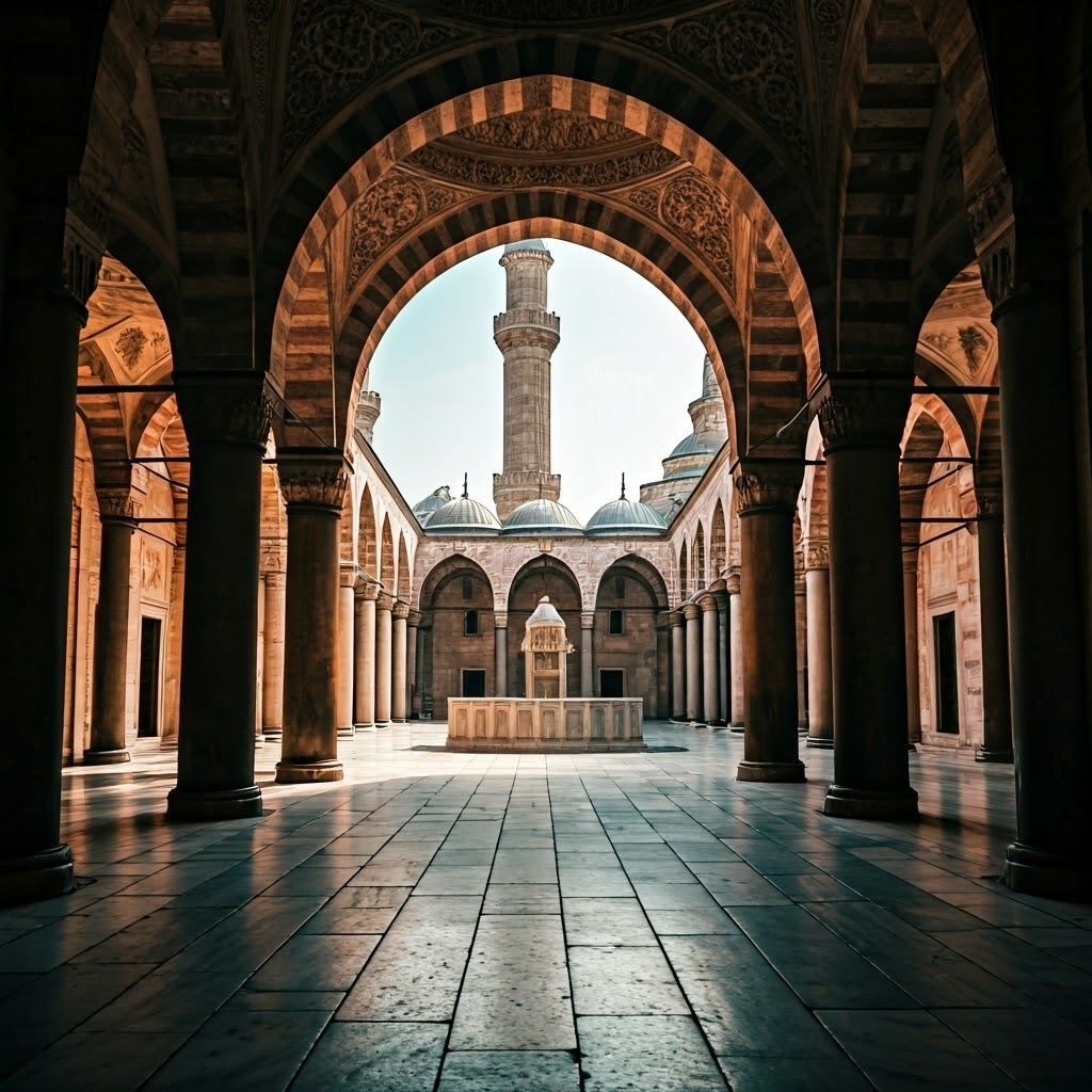 View down a winding mosque courtyard path toward a stone fountain under patterned shadows