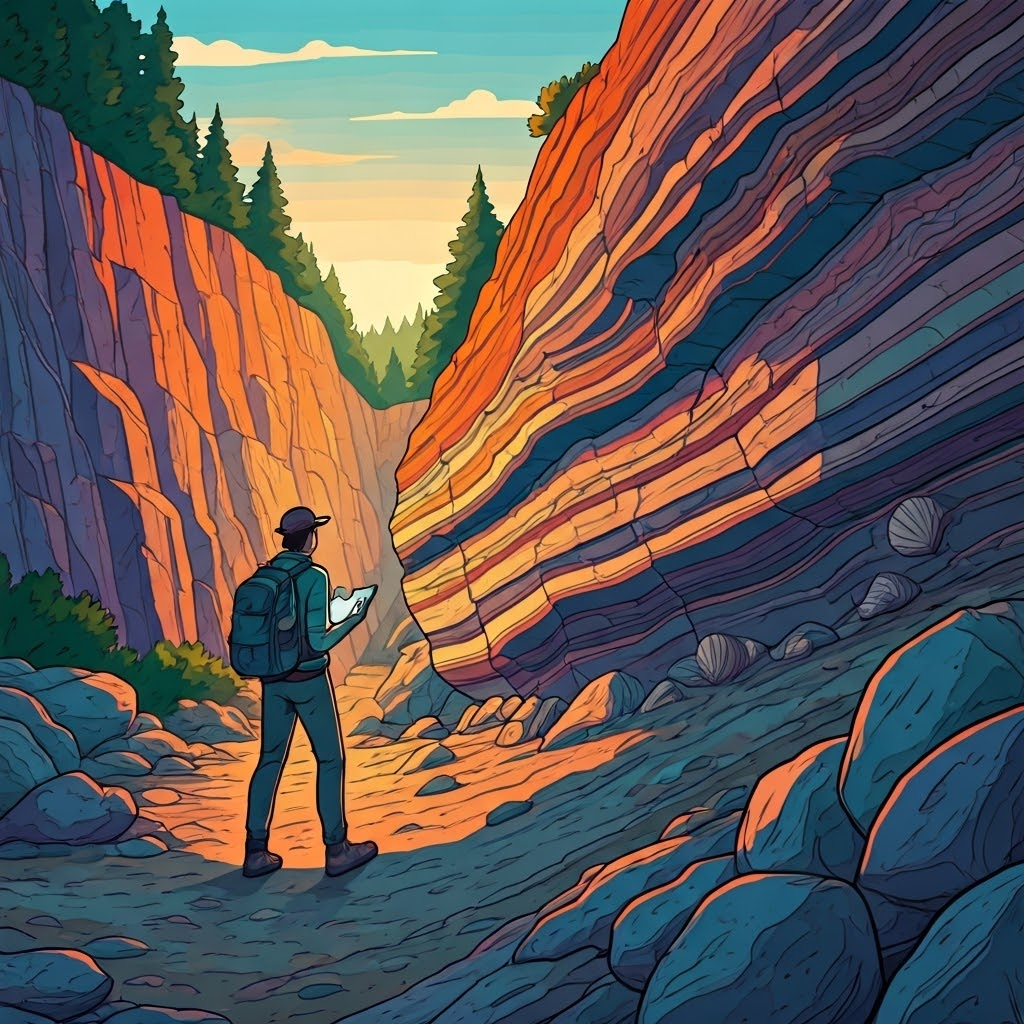 Hiker studying a colorful quarry wall at sunset, noting shell-flecked layers that hint at an ancient shoreline.