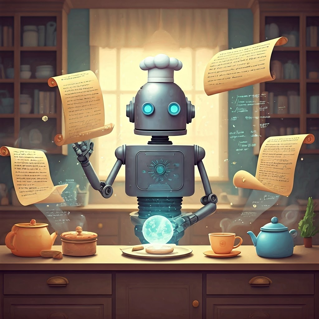 Illustration of a silver robot chef in a vintage kitchen converting handwritten recipes into glowing code that swirls above a tiny illuminated globe.