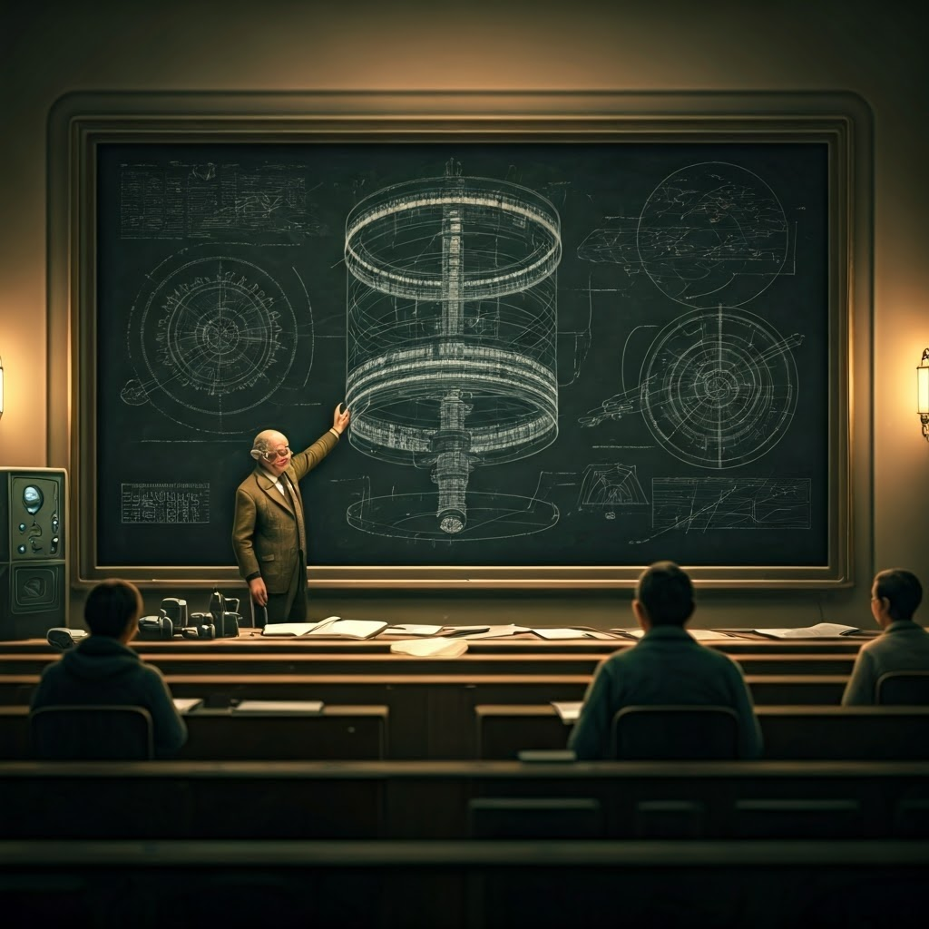 University physicist pointing at chalkboard of spinning cylinder design, students take notes