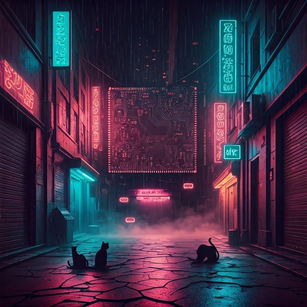 A neon cyberpunk circuit board cracking under real-world complexity