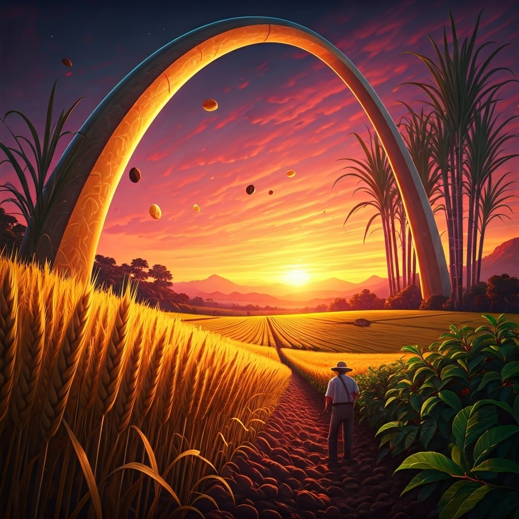 Surreal fields of wheat and sugarcane with settlers planting coffee on glowing hills