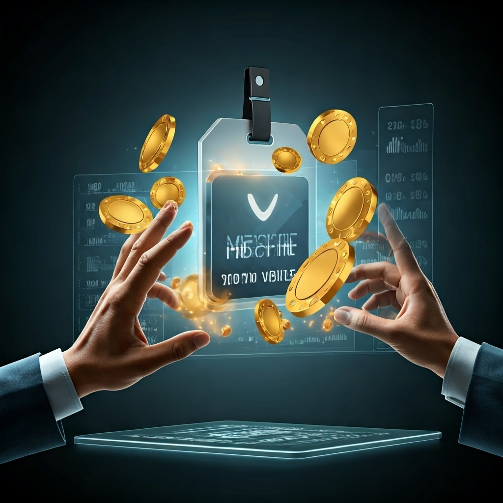 Futuristic tokens orbiting a glowing badge, representing voting power inside a DAO