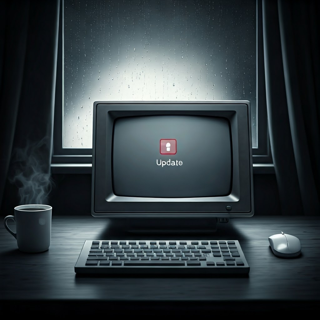Moody noir office with an urgent software-update pop-up on an old monitor.
