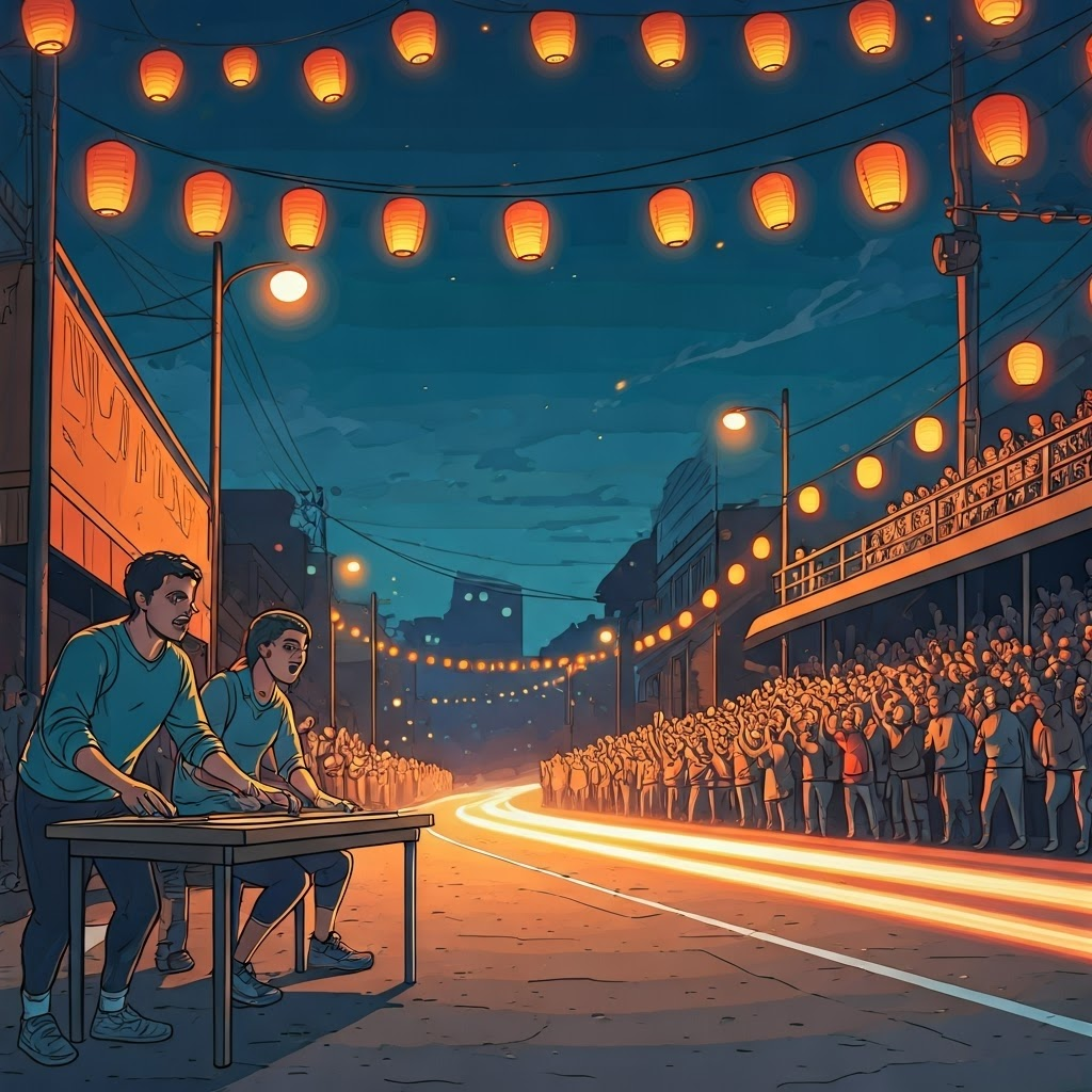 Friends demonstrating ruler vibrations, a stadium crowd wave, and heat shimmer above asphalt, illustrating diverse wave phenomena.