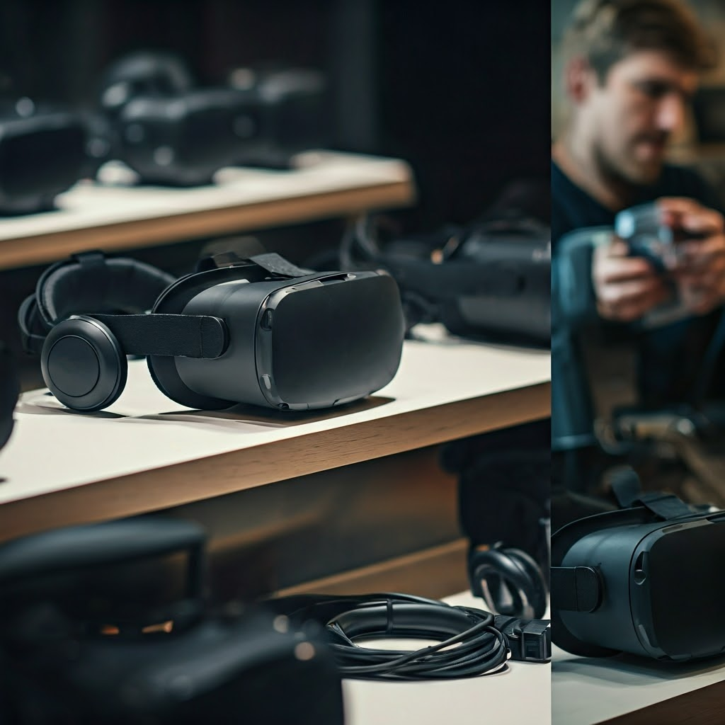 Cinematic shot of mall shelves with lightweight headsets beside a cluttered garage where a maker tweaks a prototype, showing mainstream and DIY paths