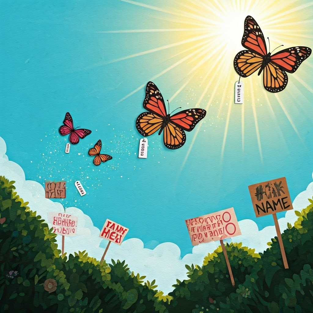 Butterflies formed from hashtag symbols flutter around protest signs against a bright sky, symbolizing ideas taking flight.