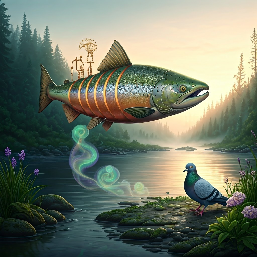 Whimsical steampunk cutaway of a salmon trailing colorful scent ribbons while a young pigeon samples floral notes along a riverbank