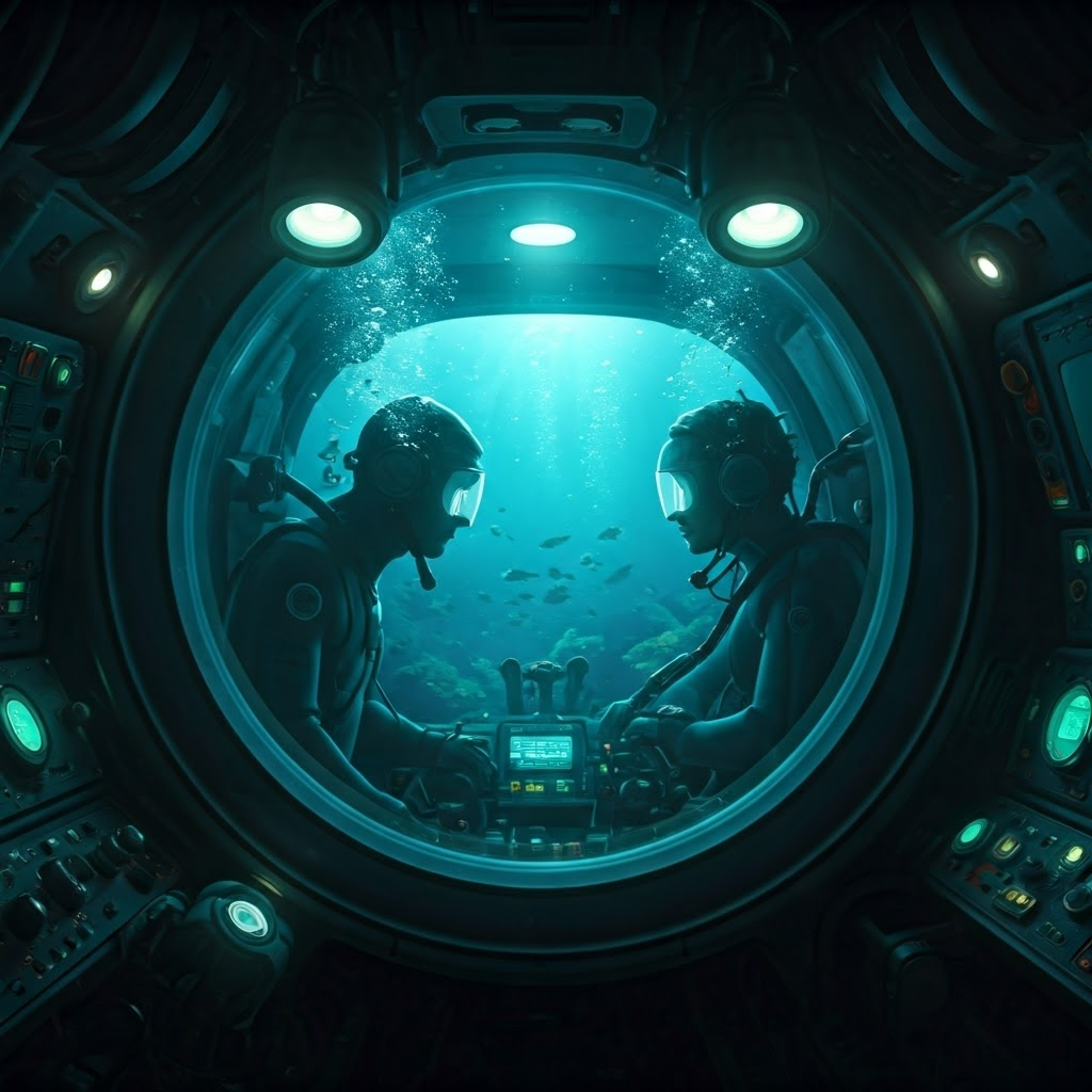 Inside a submersible cockpit, crew in neoprene suits watch glowing gauges while deep blue water surrounds them.