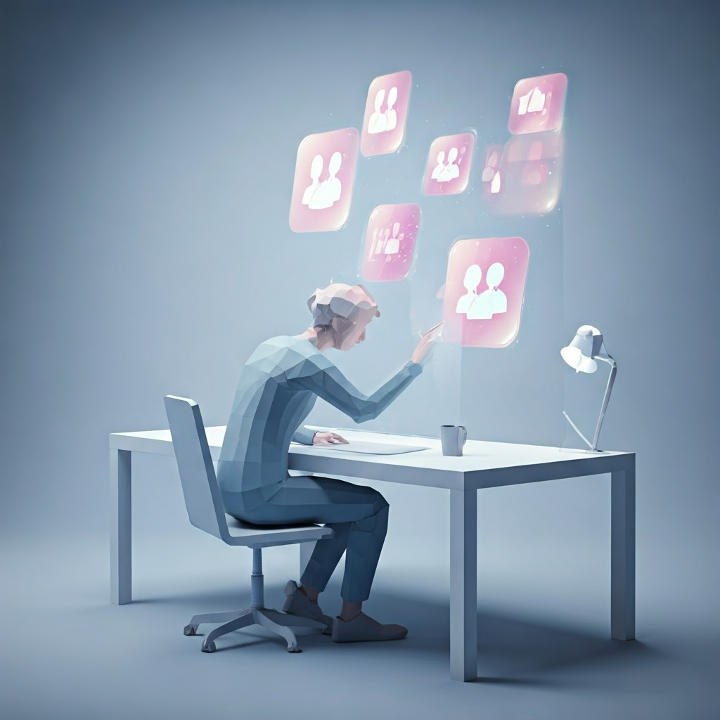 Seated user leans toward awkward floating icons, highlighting poor interface height.