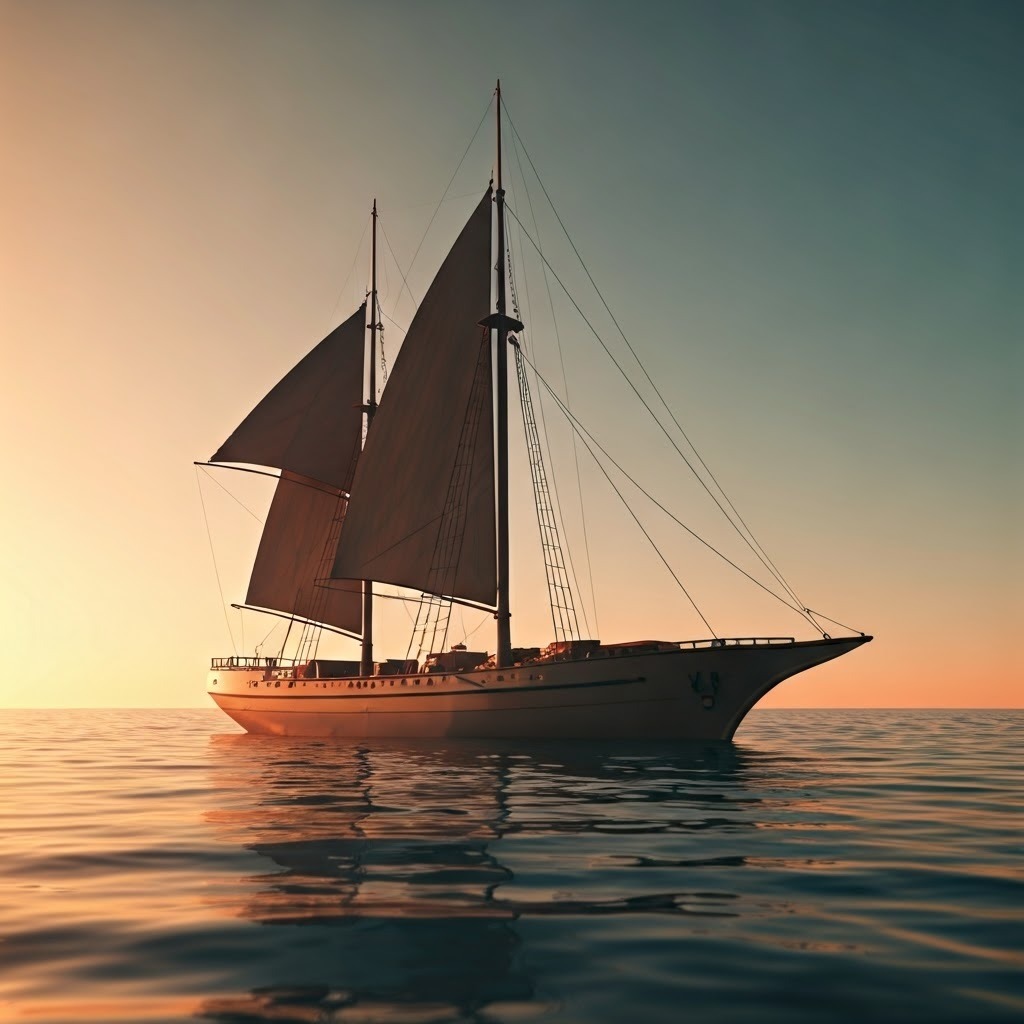 Minimalist render of a fluyt ship with wide hull and open hatches revealing spice cargo