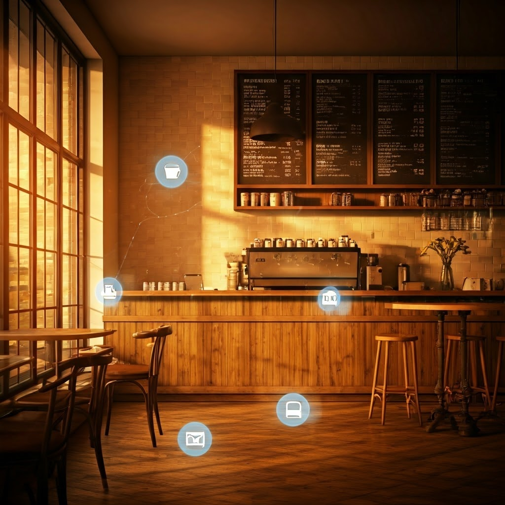 Cozy coffee shop interior with pushpin icons marking favorite spots, linked by delicate neural lines
